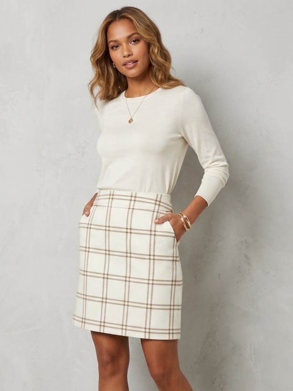 J. Crew Cream Plaid Pencil Skirt with Tan Windowpane